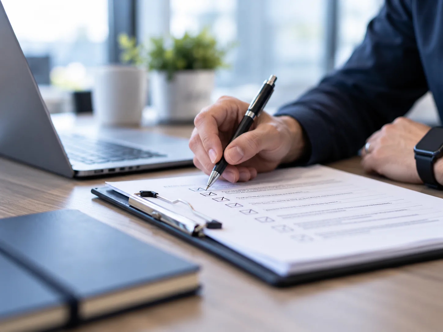Hand checking items on a printed compliance checklist beside a laptop